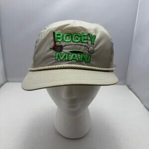 Vintage Bogey Man Golf Snapback Hat Tan Nylon Rope Brim Made in Taiwan size OSFA